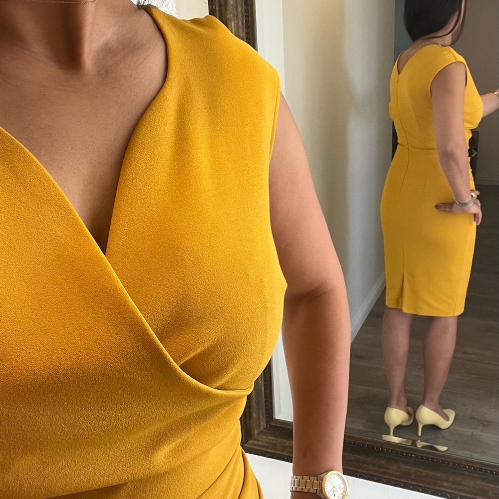 Yellow Plunge Neck Cap Sleeve Sheath Midi Dress